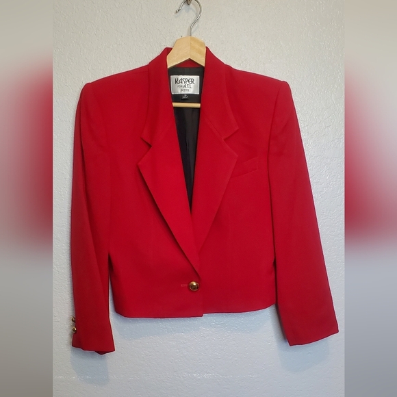 Kasper A.S.L Wool Cropped Red & Gold Blazer Jacket Size 10 Dress Coat - Picture 2 of 7